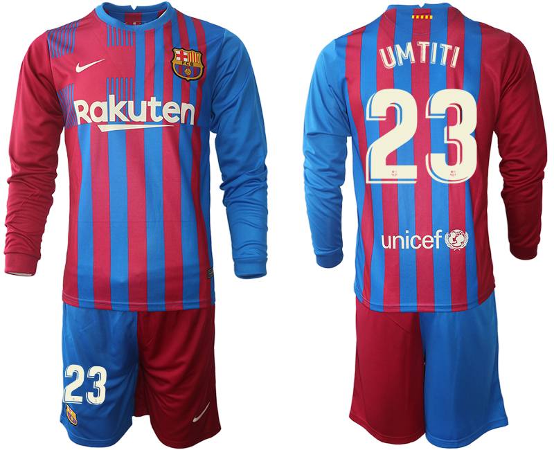 Men 2021-2022 Club Barcelona home red blue Long Sleeve #23 Nike Soccer Jersey